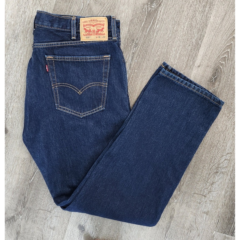 Levis 505 Regular Fit Straight Leg Jeans Mens 38x32 Dark Wash Indigo Denim